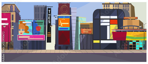 New York cityscape illustration. Modern city with different buildings and billboards. Big city concept