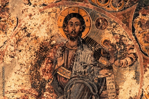 Fresco inside the Byzantine church of Ag. Theodoroi in Kambos Avias village, in the region of Mani in Peloponnese, Greece.