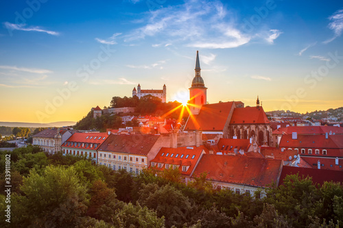 Bratislava castle over Danube river after sunset in the Bratislava old town, Slovakia