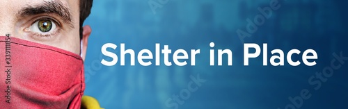 Shelter in Place. Man wearing face mask (Respirator). Blue background with people. Corona, disease, medicine, health, virus photo