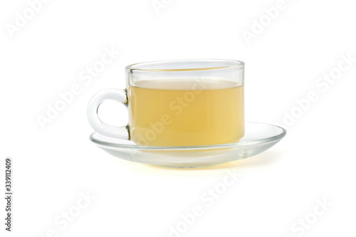 Herbal Ginger tea in glass cup on white background with clipping path.