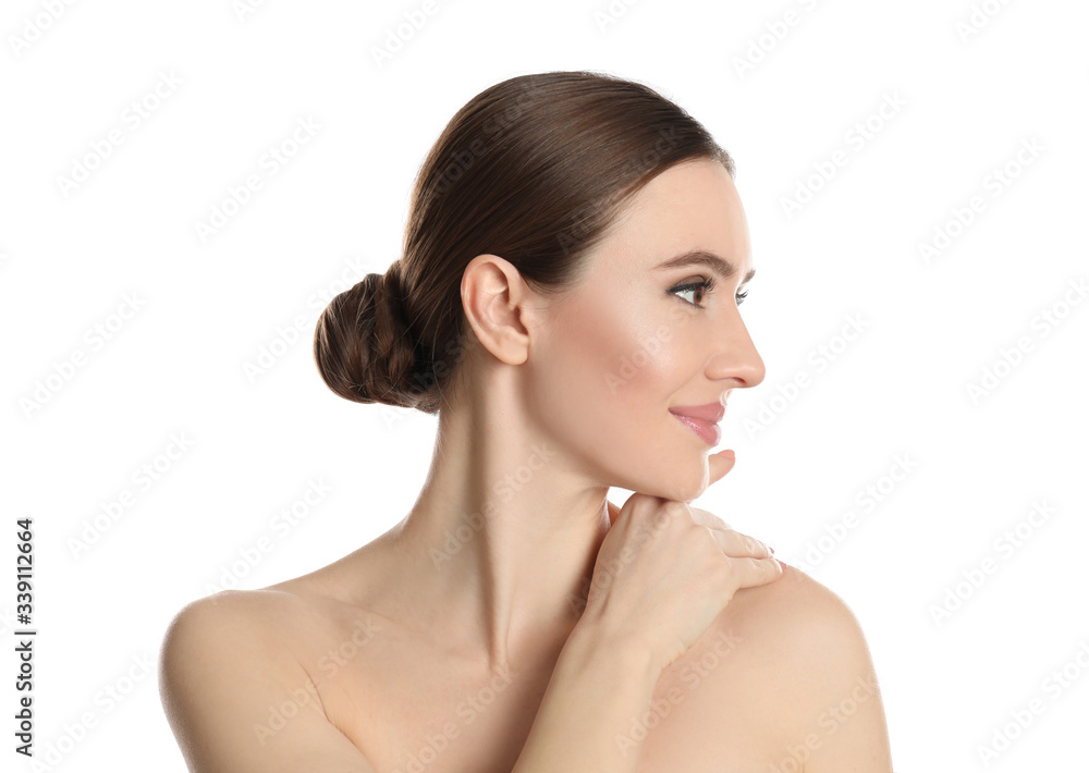 Young woman with beautiful face on white background Young woman with beautiful face on white background
