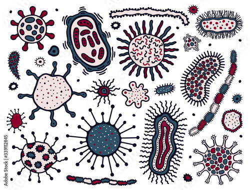Coronovirus infection COVID-19,microbe hand drawn set. 20th century pandemic,transmitted by airborne droplets