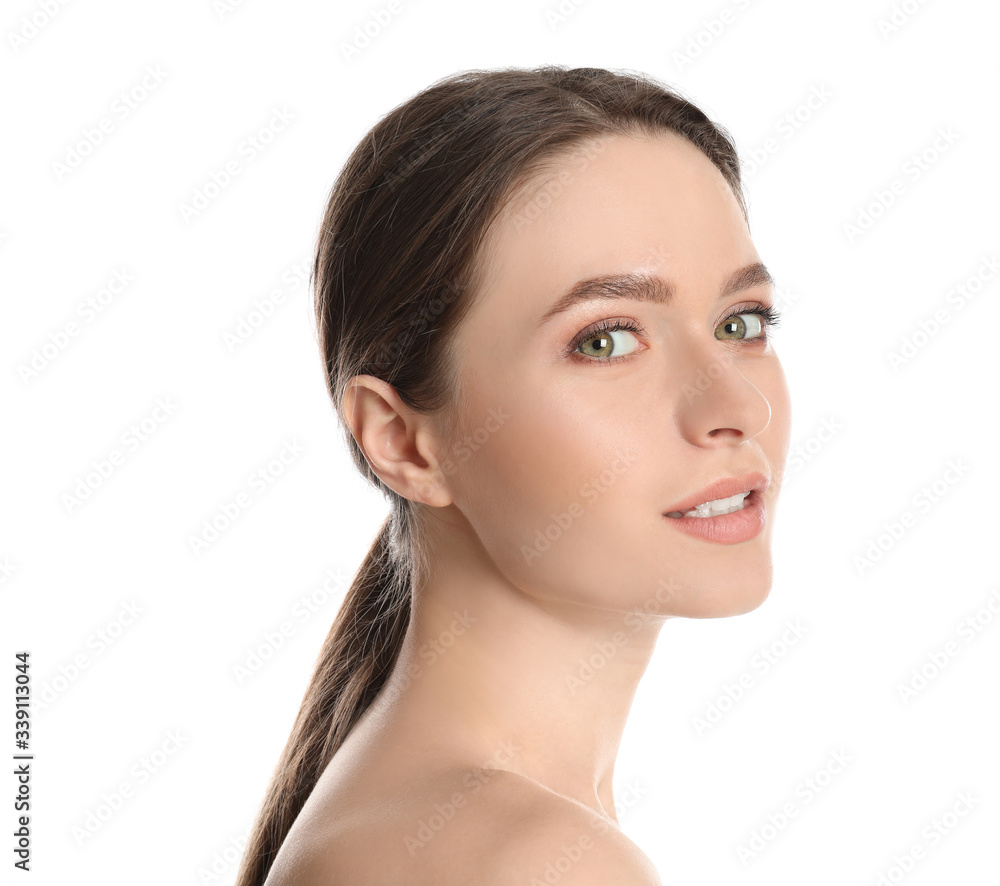 Portrait of young woman with beautiful face on white background Portrait of young woman with beautiful face on white background