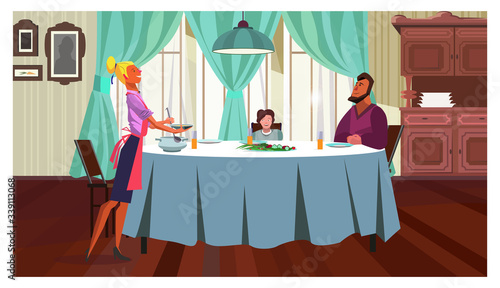 Family having dinner at home illustration. Happy family gathering at one table, mother pouring soup in dining room. Eating concept