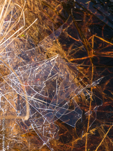 abstract background with dry grass, thin ice and water textures