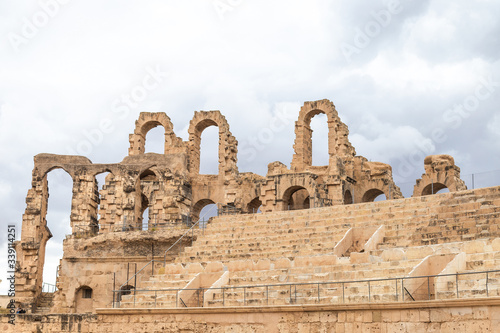 Horizontal color photography of old antique amazing well conserved huge Amphitheatre of El Jem in Tunisia.