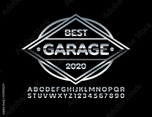Vector chrome logo Best Garage 2020 with metal shiny Font. Silver Alphabet Letters and Numbers