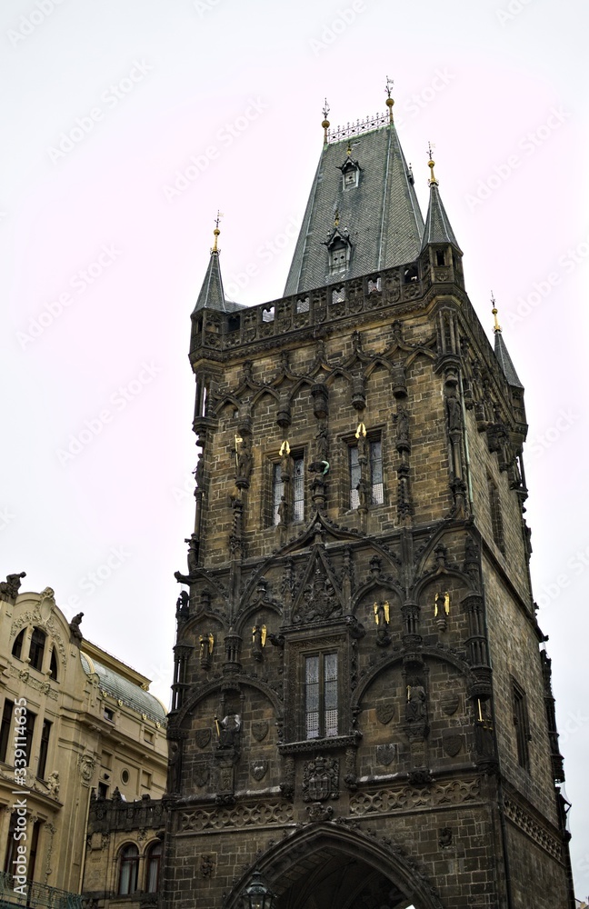 Obraz premium Prague, Czech Republic - 27 December 2019: the Powder Tower architecture with spires and gothic details