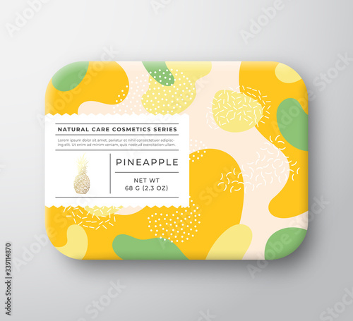 Fruits Bath Cosmetics Box. Vector Wrapped Paper Container with Care Label Cover. Packaging Design. Modern Typography and Hand Drawn Pineapple. Abstract Camo Background Pattern Layout.