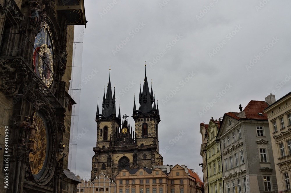 Fototapeta premium Prague, Czech Republic - 27 December 2019: The Church of Saint Mary of Tyn in the Old Town Square near the Astronomical Clock