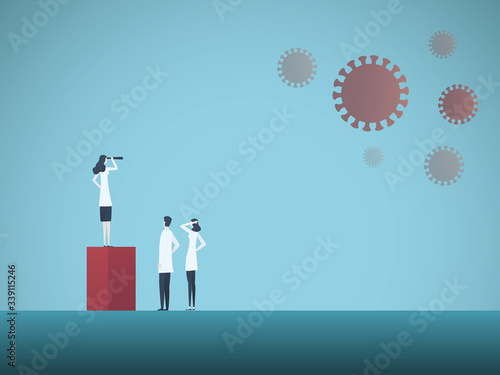 Team of scientist looking for cure or vaccine to fight coronavirus or covid-19 vector concept.