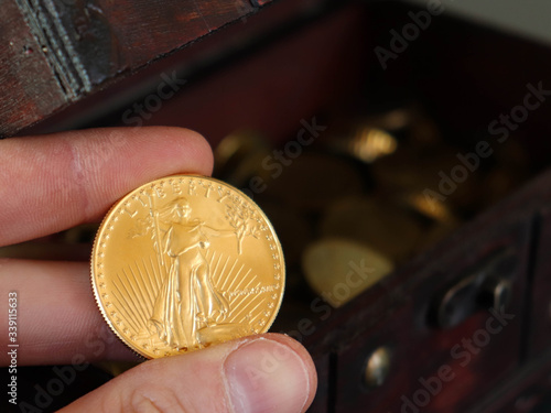 Closeup of the famous 1oz 50 Dollars Gold American Eagle bullion collection coin. Year 1987