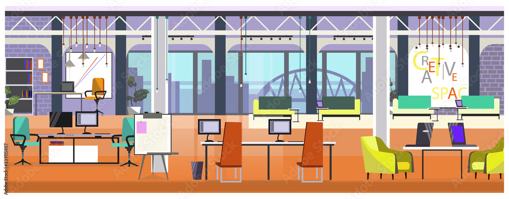 Modern office with panoramic window illustration. Table with computers and chairs in spacious open space. Interior illustration