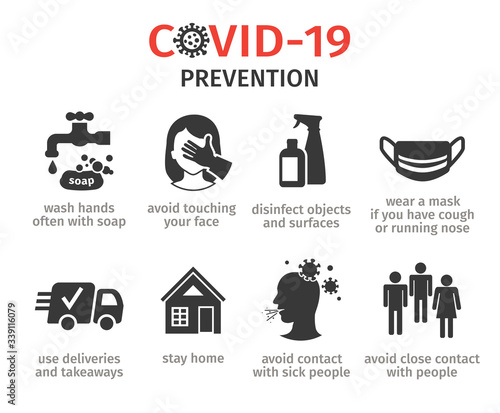 Prevention of the coronovirus Covid-19. How to protect yourself. The outbreak in the world. Vector illustration, icons.