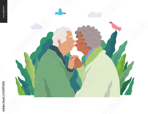 Medical insurance -senior citizen health plan -modern flat vector concept digital illustration of a happy elderly couple, standing embraced together holding their hands. Medical insurance plan.