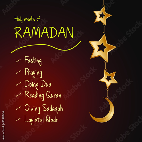list of what to do in holy month of ramadan with hanging stars and crescent moon vector illustration