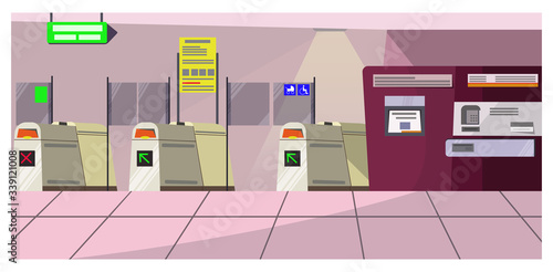 Airport security gates illustration. Modern terminal and direction signboard in airport room. Permit system concept