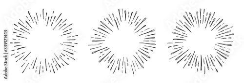 Hand drawn sunburst explosion vector illustration isolated on white background. Retro vintage design sun rays or fireworks radial elements of shine hipster arts.
