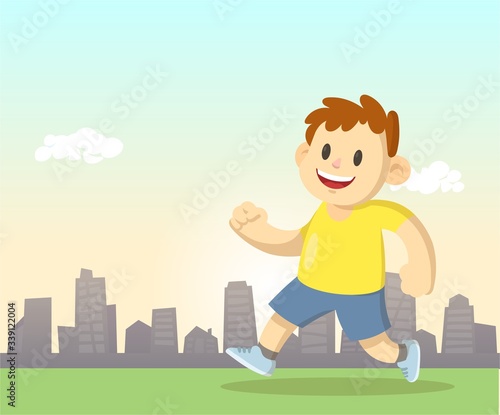 Boy in sportswear running on the park with a cityscape on the background. Flat vector illustration  horizontal.