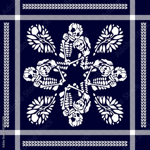 Abstract framed pattern with paisley elements.