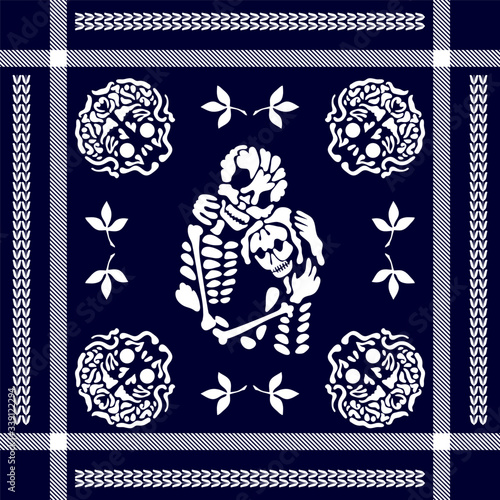 Abstract framed pattern with paisley elements.