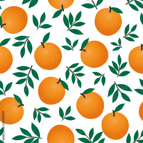 Seamless pattern of oranges and leaves on white. Fruit vector background