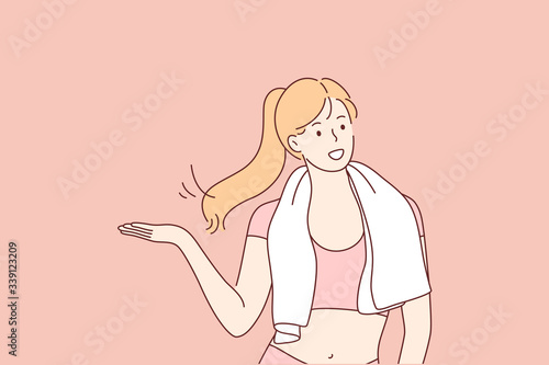 Sport, fitness, crossfit, healthcare concept. Young happy smiling woman girl in sport suit with towel in good shape after fitness activity or crossfit workout session. Healthy lifestyle illustration.