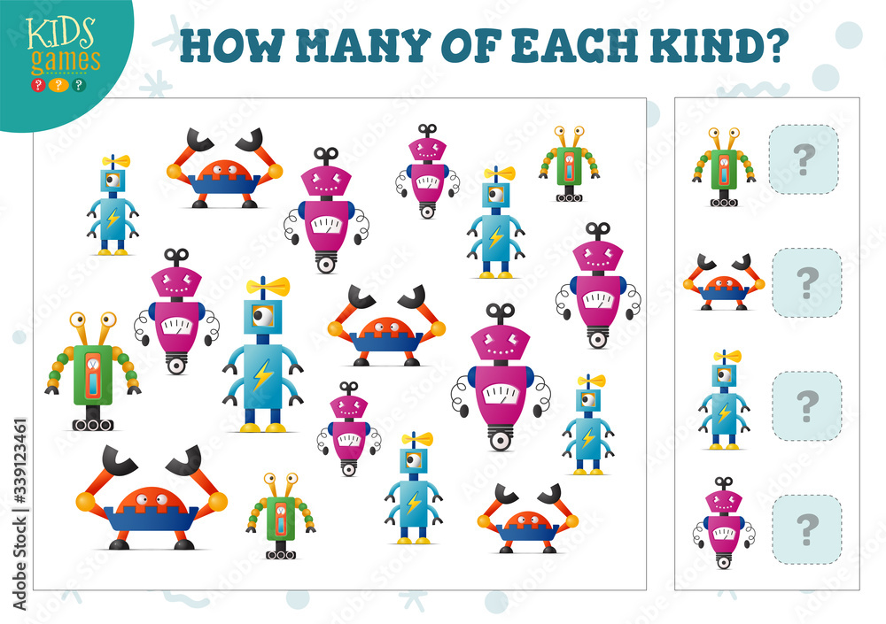 Obraz premium How many of each kind cartoon robot counting game for kids vector illustration