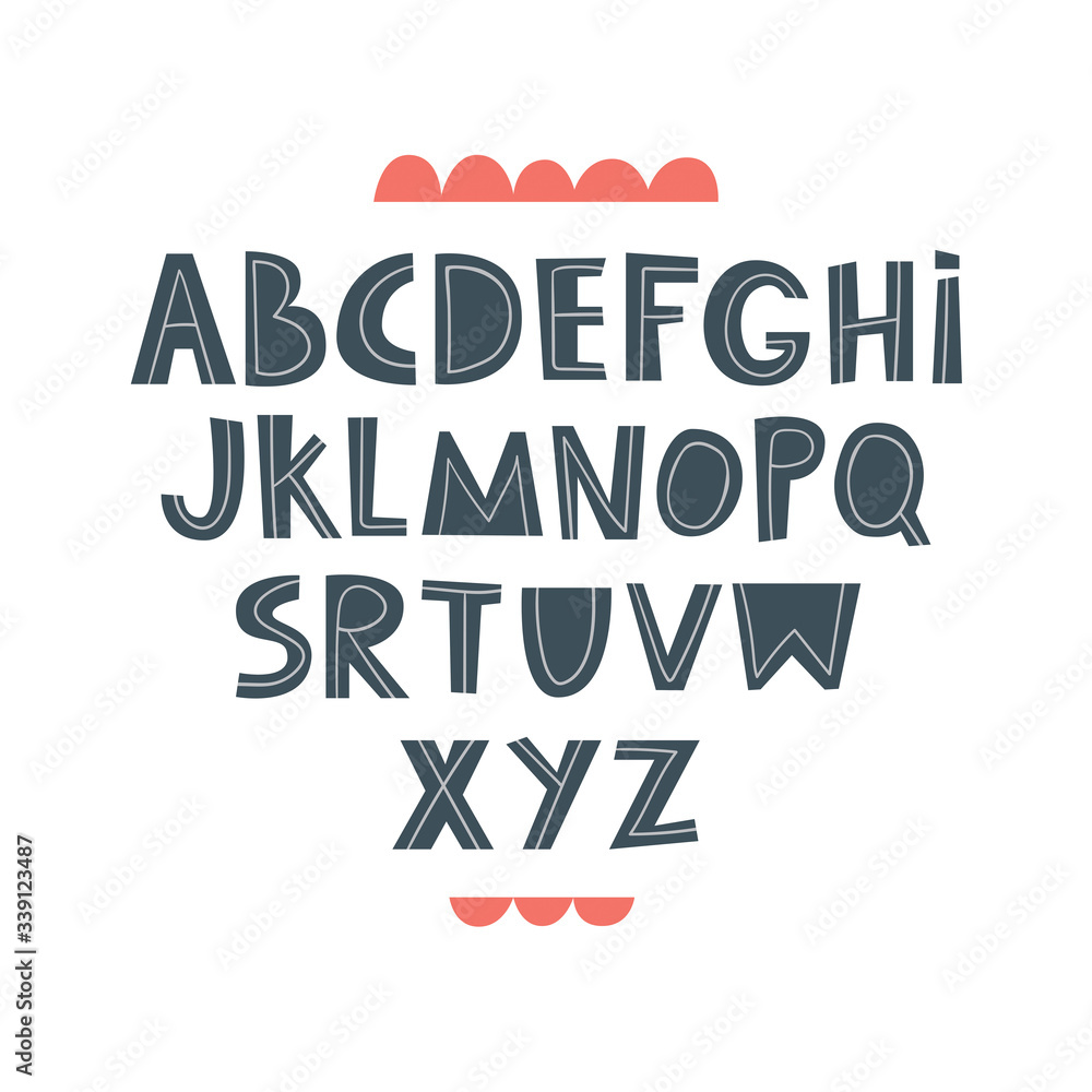 Vector Scandinavian alphabet. Cartoon kids alphabet. Hand drawn design to learn letters. Excellent for the design of postcards, posters, stickers and so on.