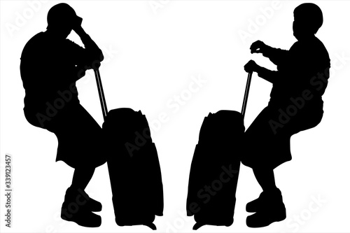 Traveler with baggage is sitting in the waiting room. Old woman with a bag on wheels awaits departure. Grandmother sits and looks at the wristwatch. Tired older tourist. Flight delay. Black silhouette