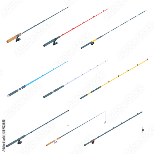 Fishing rod icons set. Isometric set of fishing rod vector icons for web design isolated on white background