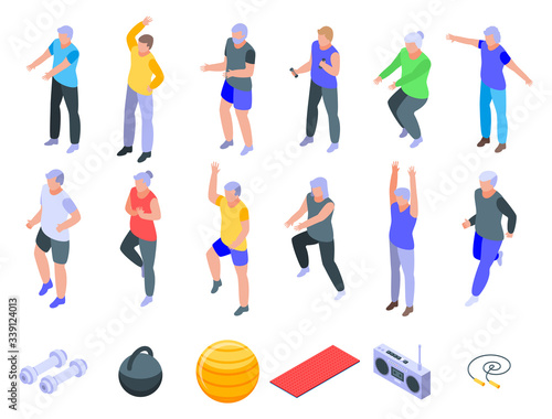 Workout seniors icons set. Isometric set of workout seniors vector icons for web design isolated on white background