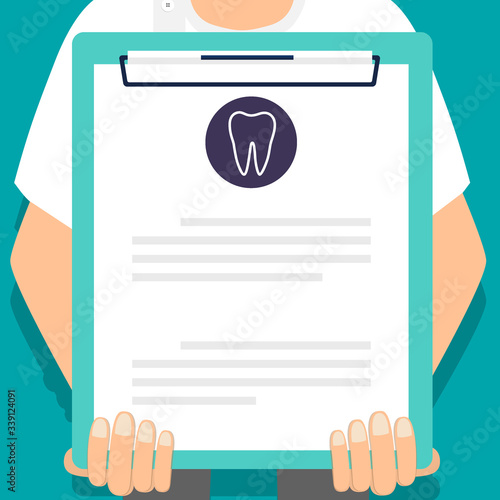 Dentist holding medical clipboard, vector illustration. Concept healthcare. Medical background.