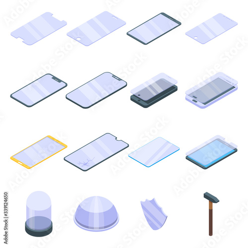 Protective glass icons set. Isometric set of protective glass vector icons for web design isolated on white background