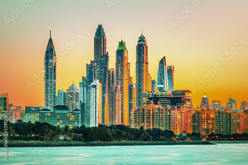 Amazing Dubai Marina skyline at sunset, United Arab Emirates