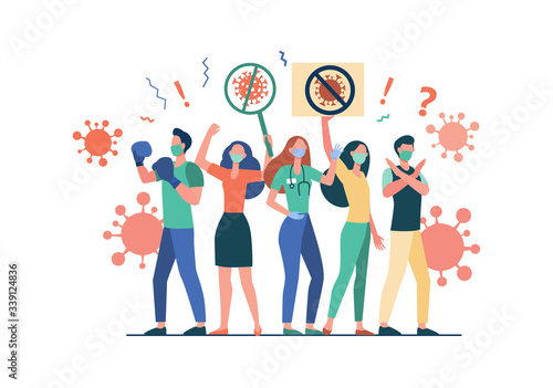 Crowd protesting against coronavirus. People wearing medical masks, holding placards with stop virus sign. Vector illustration for quarantine, society, health protection campaign concept