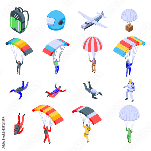 Parachuting icons set. Isometric set of parachuting vector icons for web design isolated on white background