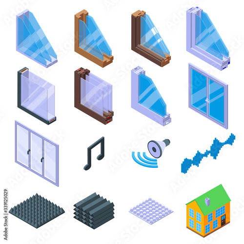 Soundproofing icons set. Isometric set of soundproofing vector icons for web design isolated on white background