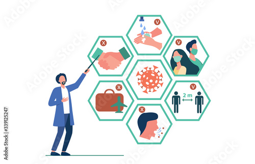 Doctor presenting tips for protection from coronavirus and epidemic spread prevention. Vector illustration for covid 19, symptoms, protection, safety, infection concept