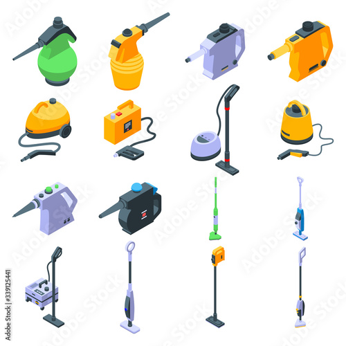 Steam cleaner icons set. Isometric set of steam cleaner vector icons for web design isolated on white background