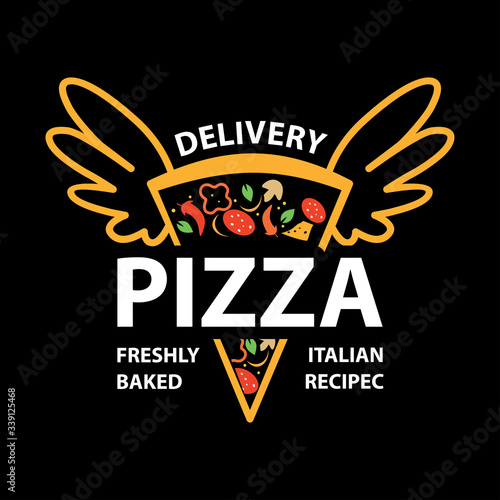 Pizzeria Vector Emblem on blackboard. Pizza logo template. Vector emblem for cafe, restaurant or food delivery service.