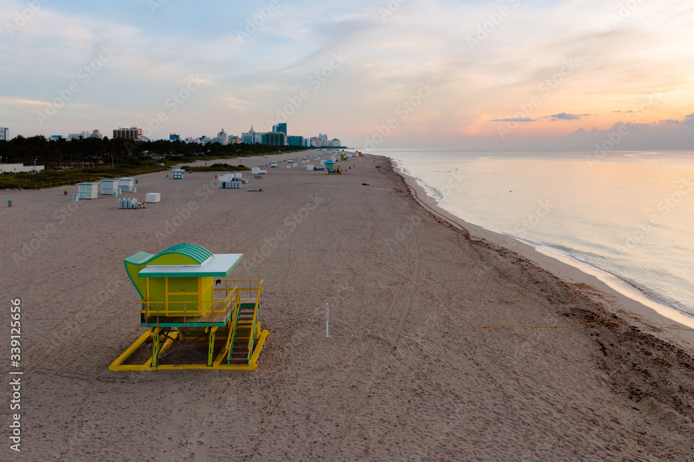Aerial view of lifeguard hut and South beach at sunset, Miami Aerial view of lifeguard hut and South beach at sunset, Miami
