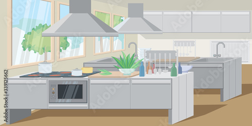 Commercial kitchen with counters equipped powerful appliances. Exhaust hood above counter. Restaurant concept. Illustration can be used for topics like establishment, kitchen equipment, workspace © PCH.Vector