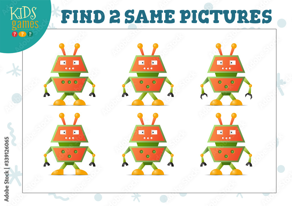 Fototapeta premium Find two same pictures kids puzzle vector illustration.