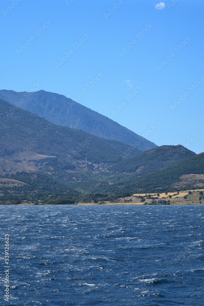 Samothraki island view from ferry - seascape with Saos mountain and coastline