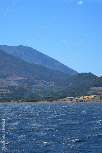 Samothraki island view from ferry - seascape with Saos mountain and coastline