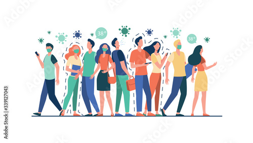 Infection spreading in crowd. People with and without masks standing together, coughing, suffering from fever. Vector illustration for coronavirus, quarantine, danger, alert, outbreak concept