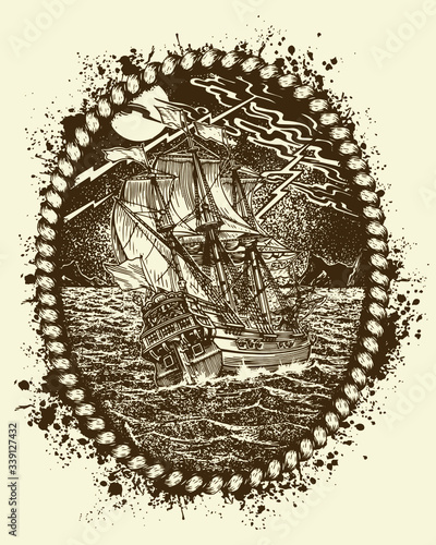 Ship hit the storm black and white engraving