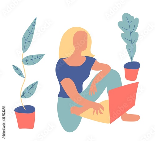 A vector woman at work with a laptop. A freelance worker working while quarantined at home in gentle shades of pink, yellow and blue. Design for banners, layouts, web, social networks, advertising.